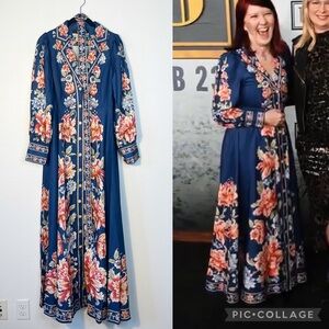 NWT Dalia MacPhee V-neck Long Sleeve Floral Border Print Maxi Dress Boho Chic M